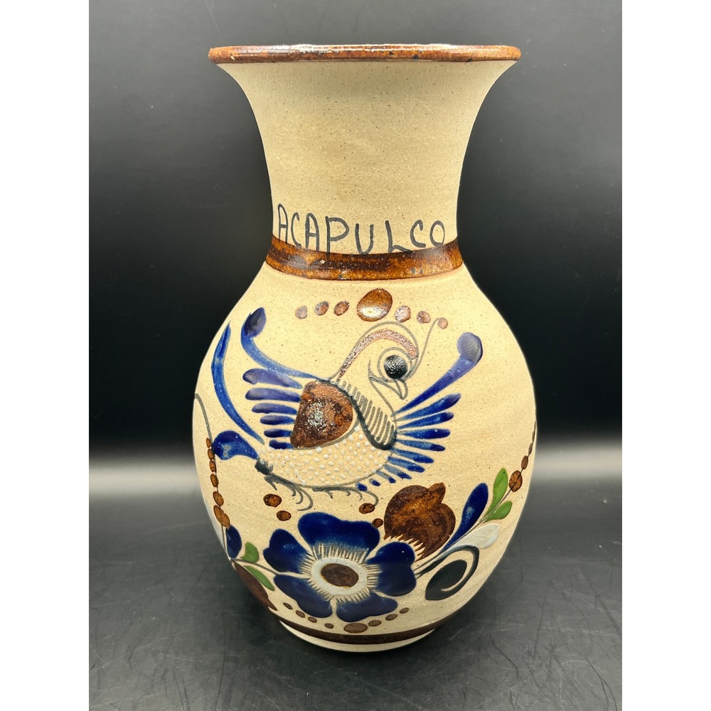 Vtg Acapulco Tonala Mexican Pottery Vase Hand Painted Bird Floral Signed 8.5"